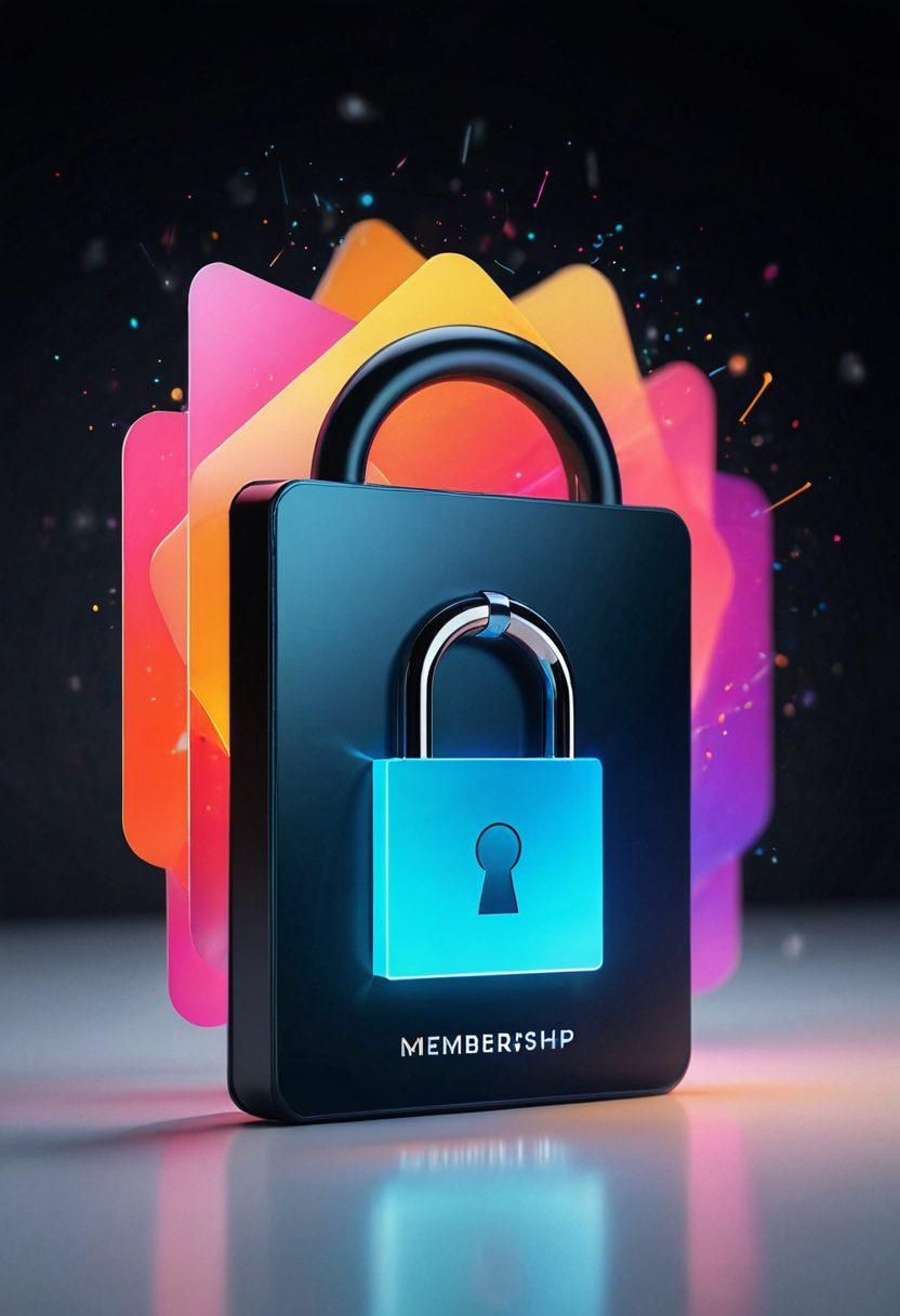 A sleek digital lock being unlocked, illustrating exclusive access, surrounded by symbols of various digital programs like streaming, courses, and events. A warm glow emanates from the lock, hinting at the benefits inside. Abstract representations of membership cards float in the background, with vibrant colors to convey excitement and opportunity. super-realistic. vibrant colors. abstract elements.