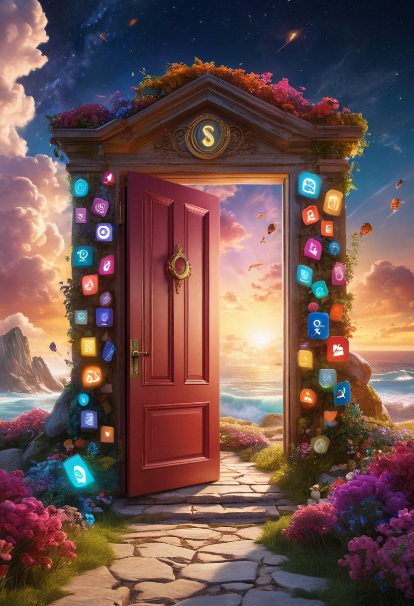 An open door revealing a vibrant, enchanting digital landscape filled with diverse content icons like videos, articles, and exclusive badges floating in a cloud of light. A prominent key symbolizing access and opportunity is in the foreground, inviting viewers to explore. The overall atmosphere should feel whimsical and inviting, hinting at the adventure of discovery in the digital realm. super-realistic. vibrant colors. 3D.