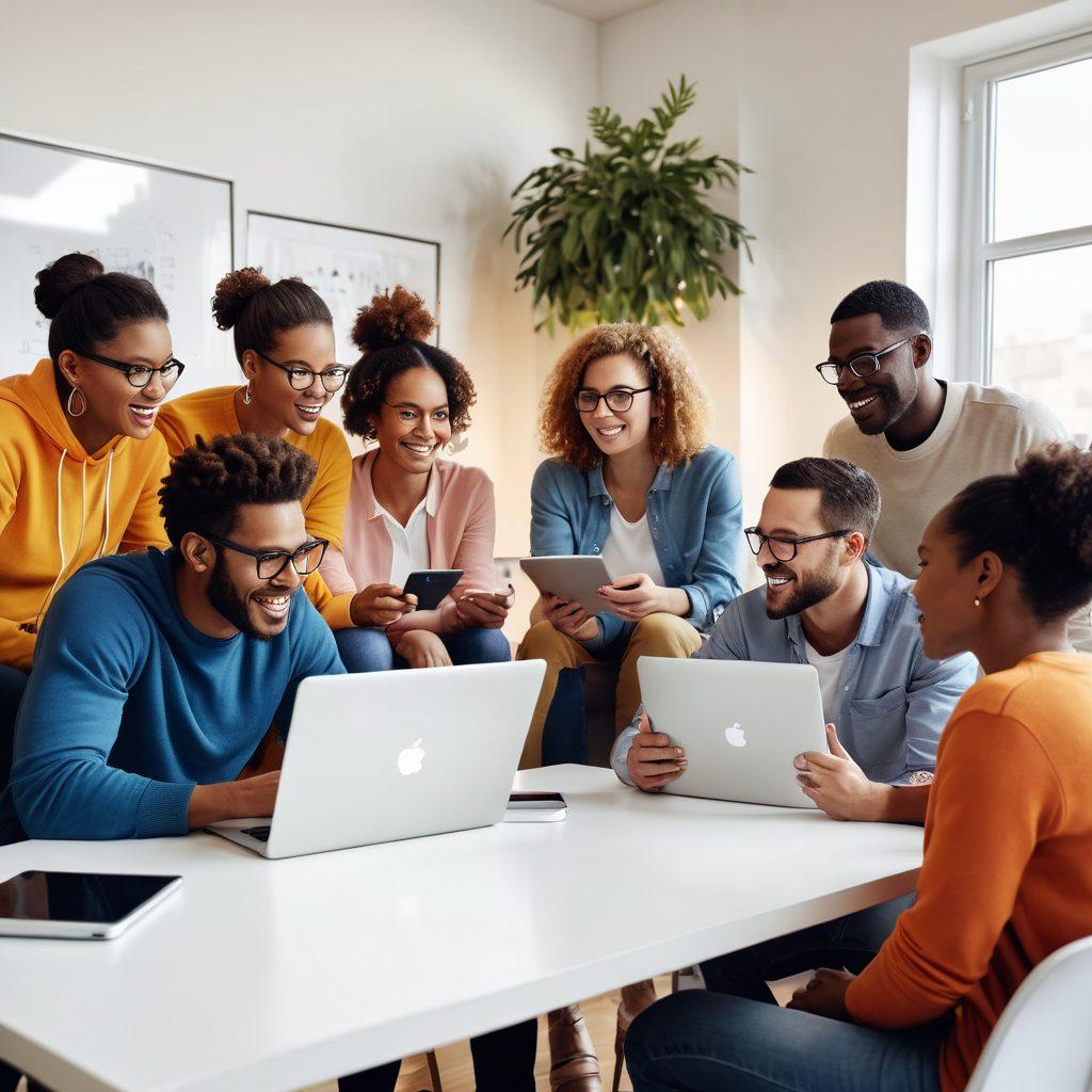 A vibrant scene depicting a diverse group of people engaging in discussions and sharing ideas in a cozy, welcoming online environment. The background features digital devices showcasing community interaction, with vivid icons representing collaboration, growth, and learning. Bright colors and energetic expressions highlight the benefits of subscription plans. super-realistic. vibrant colors. white background.